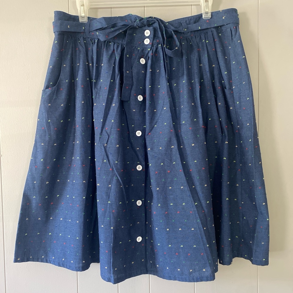chambray rainbow button front midi skirt